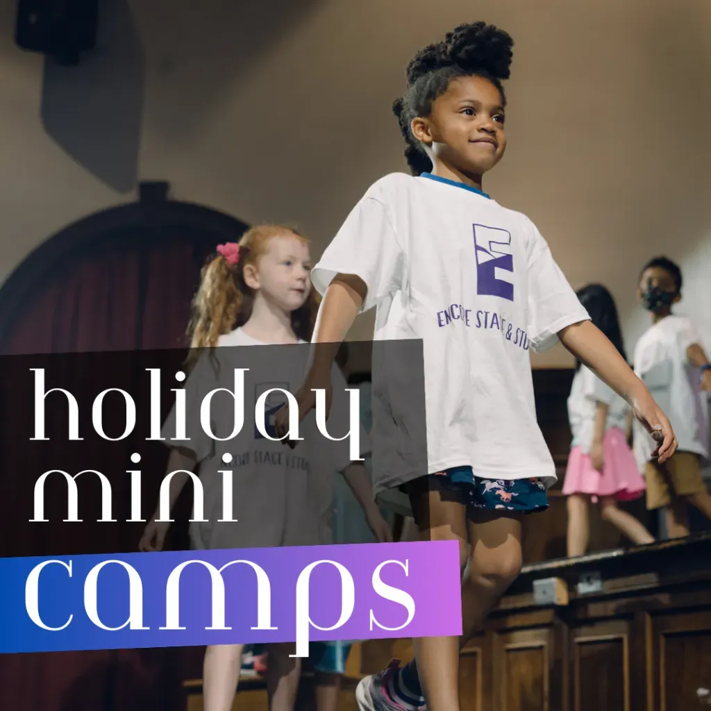 Children walking onstage at a holiday mini camp event with “holiday mini camps” text overlay.