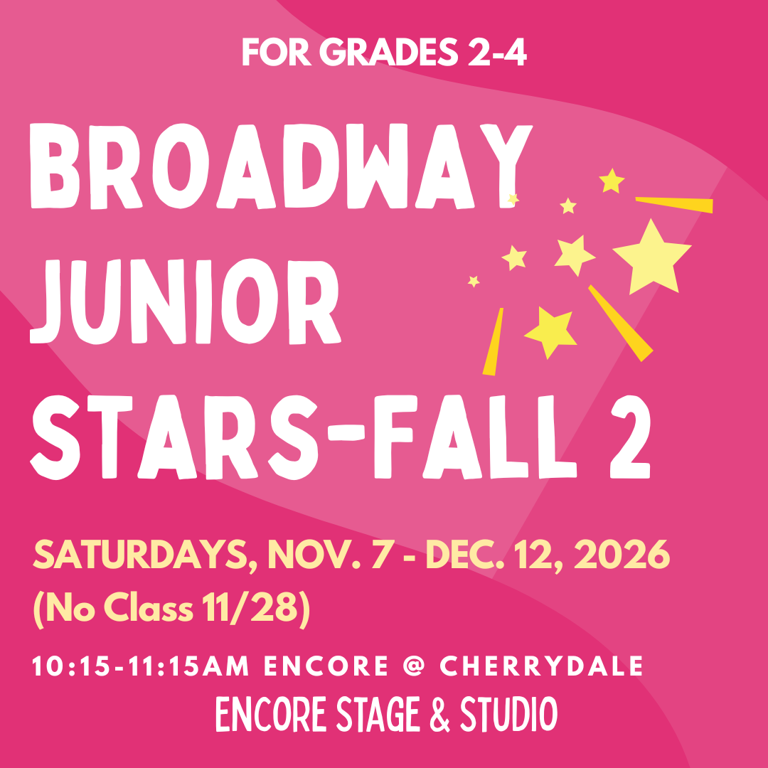 Broadway Junior Stars Spring class flyer on orange and purple background, with star wand graphic and dates.