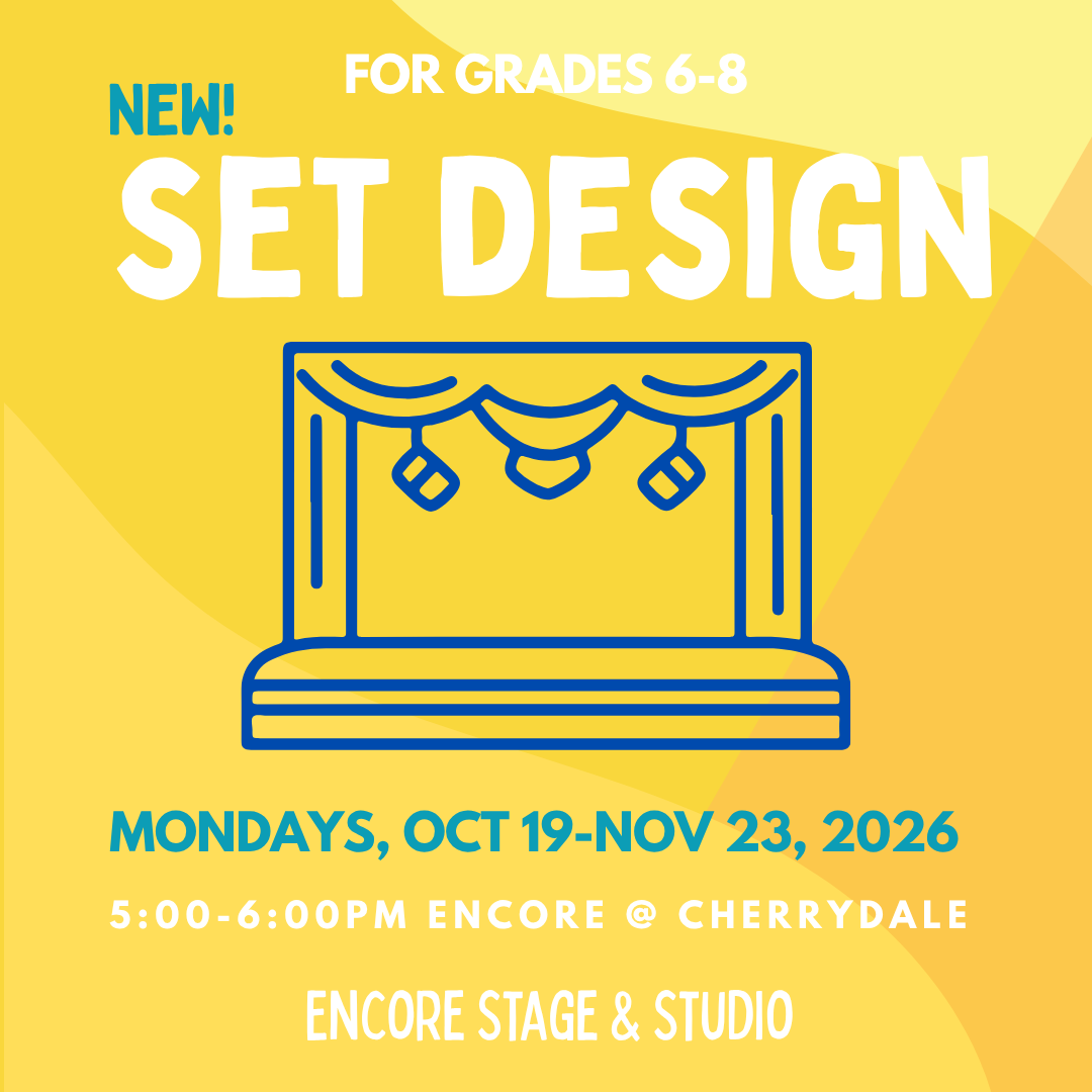 Orange flyer for grades 6-8: “Tools of the Trade” after-school program, Mondays Sept 28-Nov. 23, 2026 at Encore Stage & Studio.