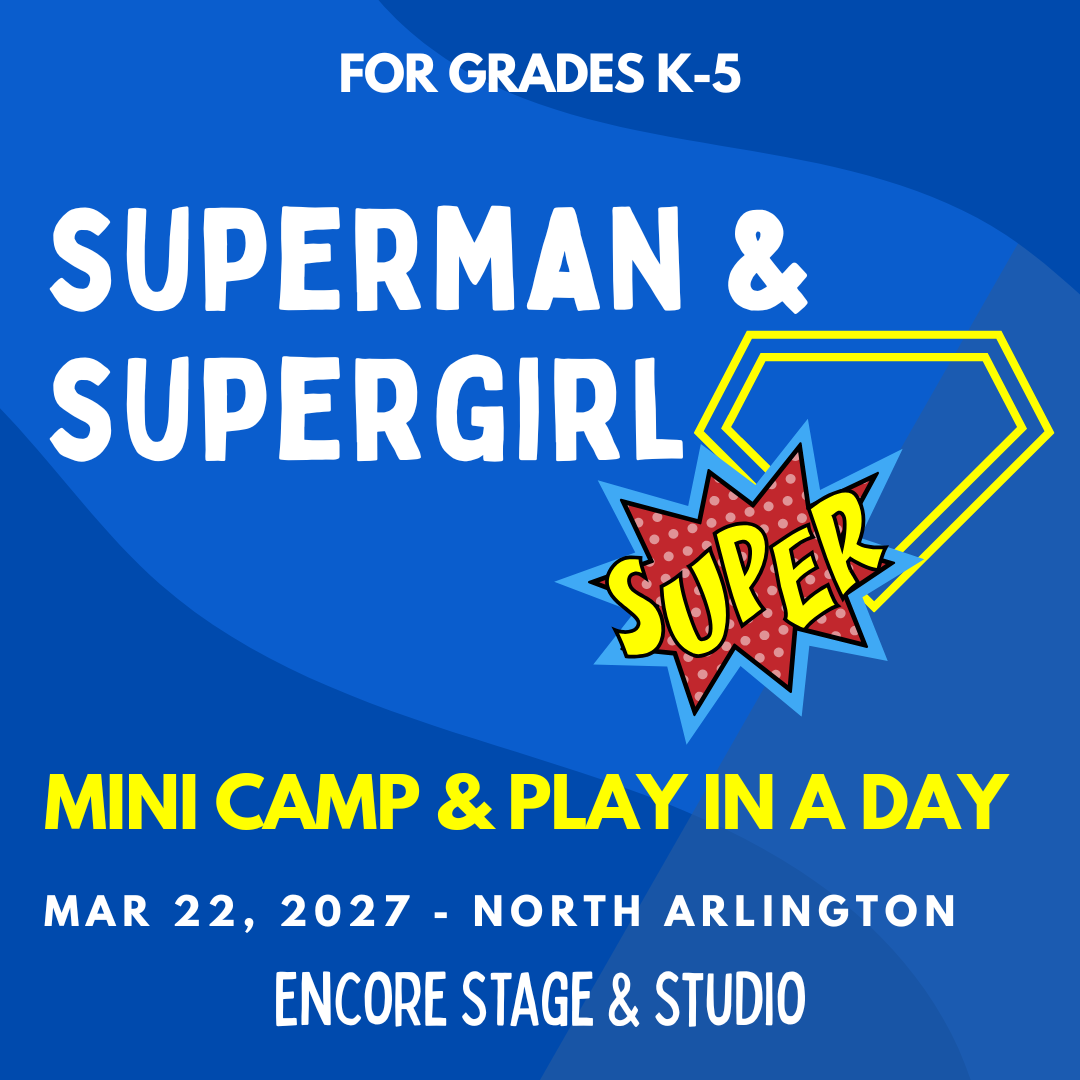 Encanto mini camp flyer for grades K-5, March 30, 2026, North Arlington, Encore Stage & Studio, purple/orange design