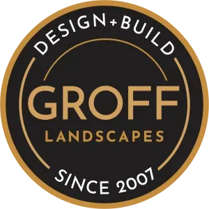 GROFF Landscapes circular logo with gold text on a black background, “Design + Build” and “Since 2007”