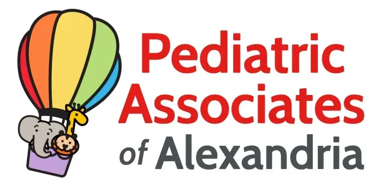 Pediatric Associates of Alexandria logo with a colorful hot air balloon and teddy bear