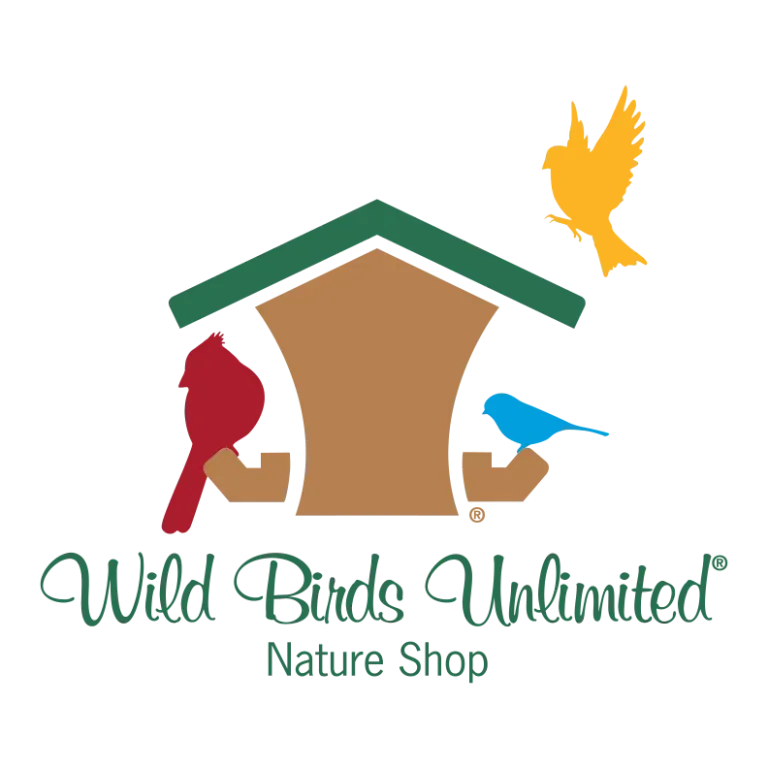 Wild Birds Unlimited Nature Shop logo with house, red and blue birds, and a yellow bird in flight