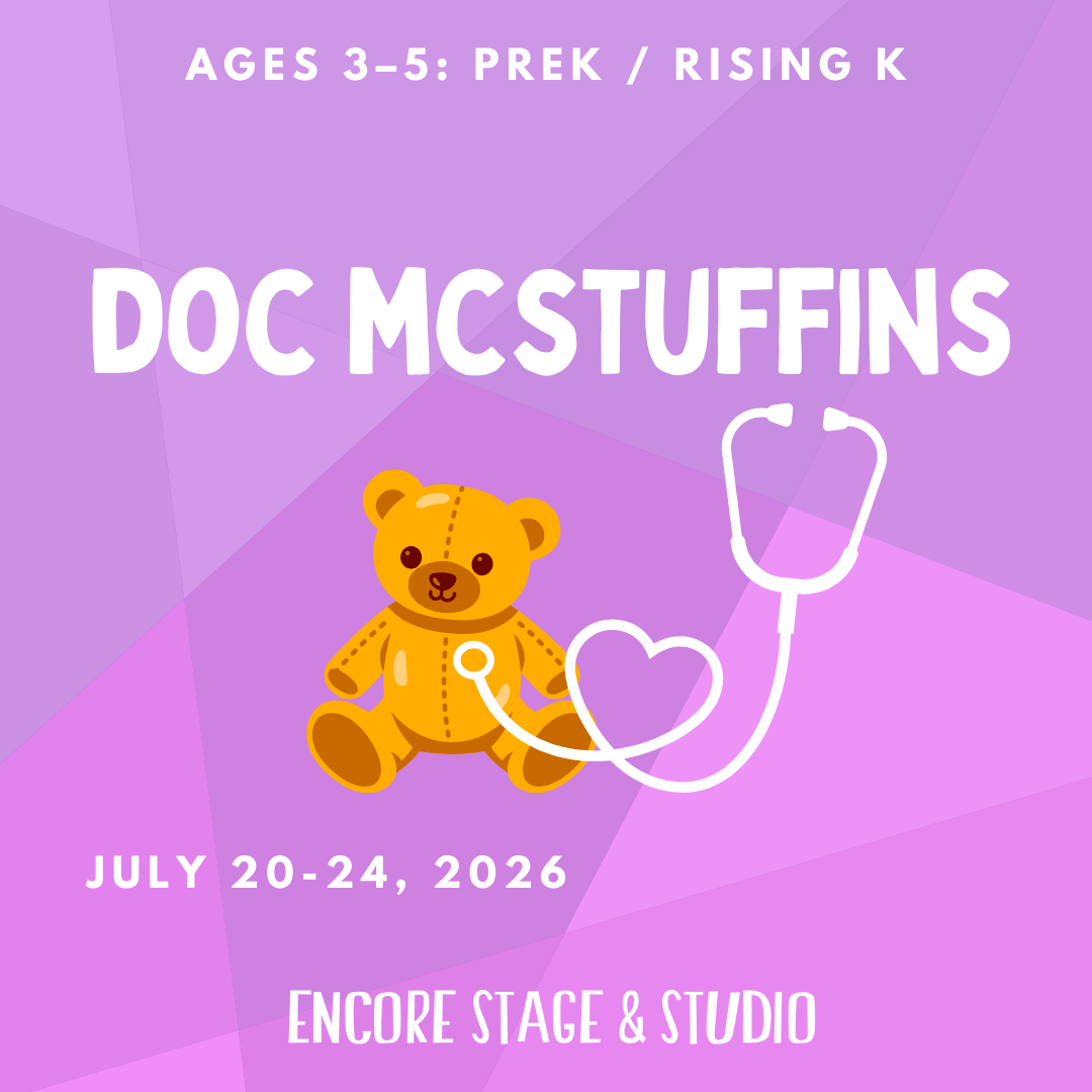 Lion King camp flyer with cartoon lion, orange background, and text for grades K-5 at Encore Stage & Studio.