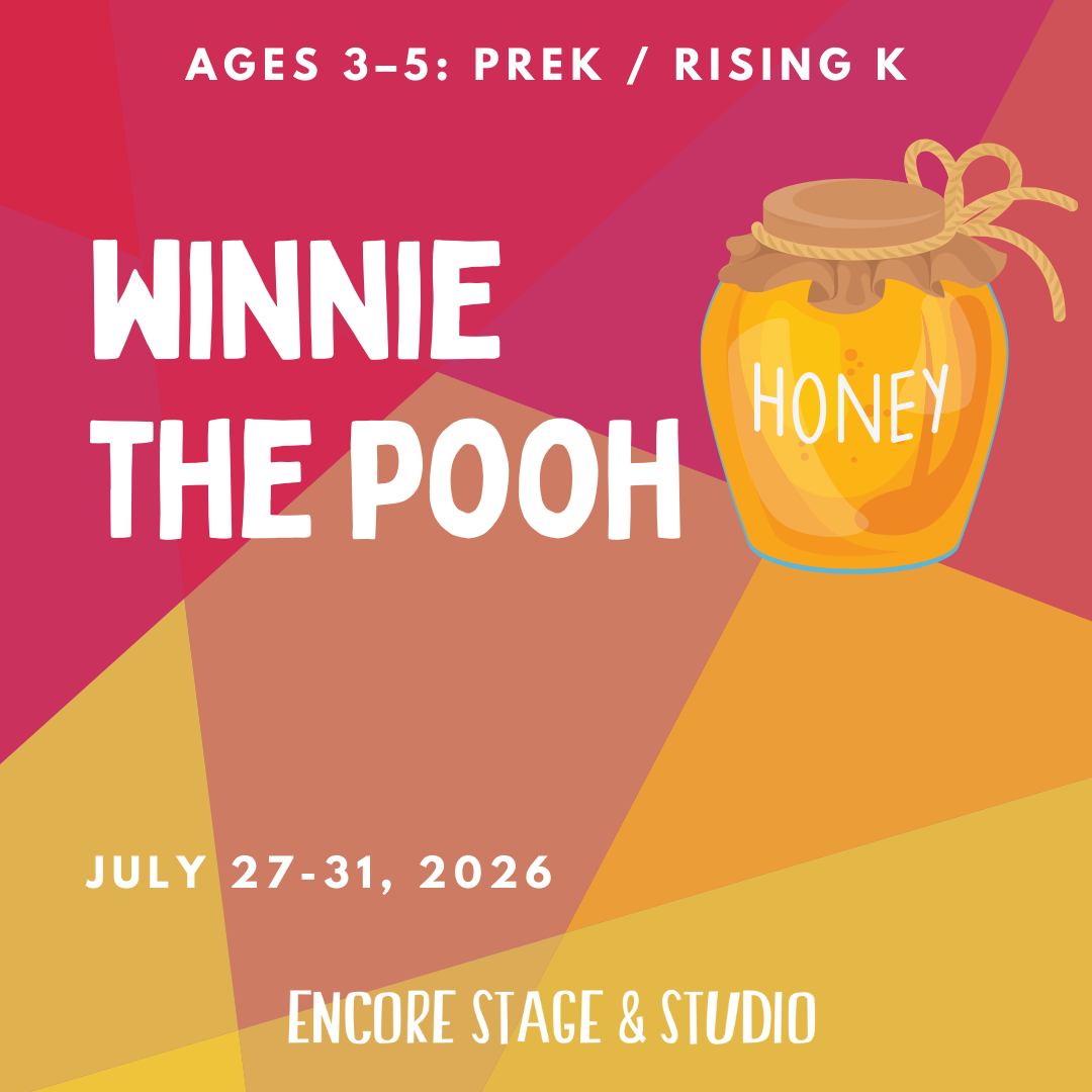 Lion King camp flyer with cartoon lion, orange background, and text for grades K-5 at Encore Stage & Studio.