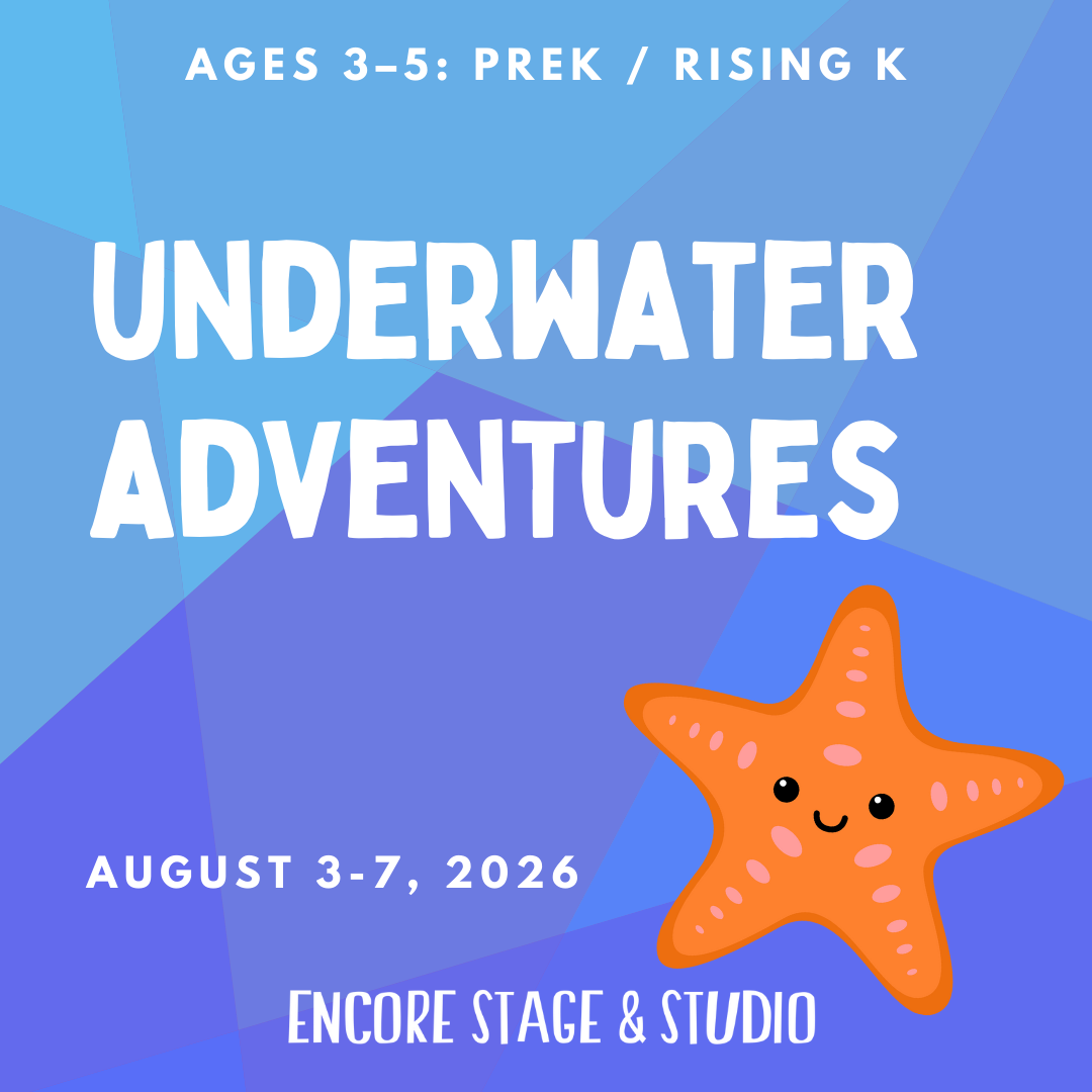 Lion King camp flyer with cartoon lion, orange background, and text for grades K-5 at Encore Stage & Studio.