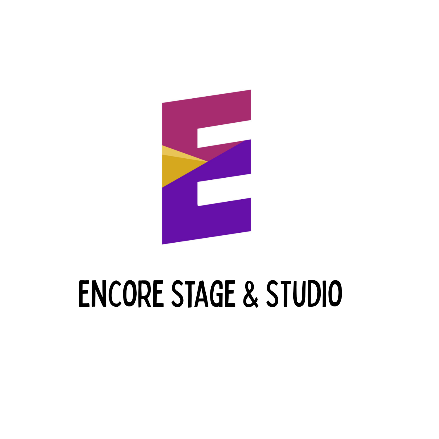 Logo for Encore Stage & Studio, with a stylized purple, pink, and gold “E” on a white background
