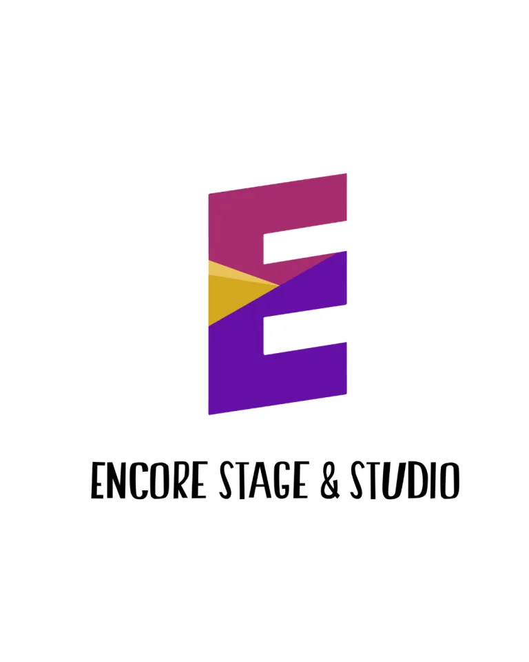 Logo for Encore Stage & Studio, with a stylized purple, pink, and gold “E” on a white background