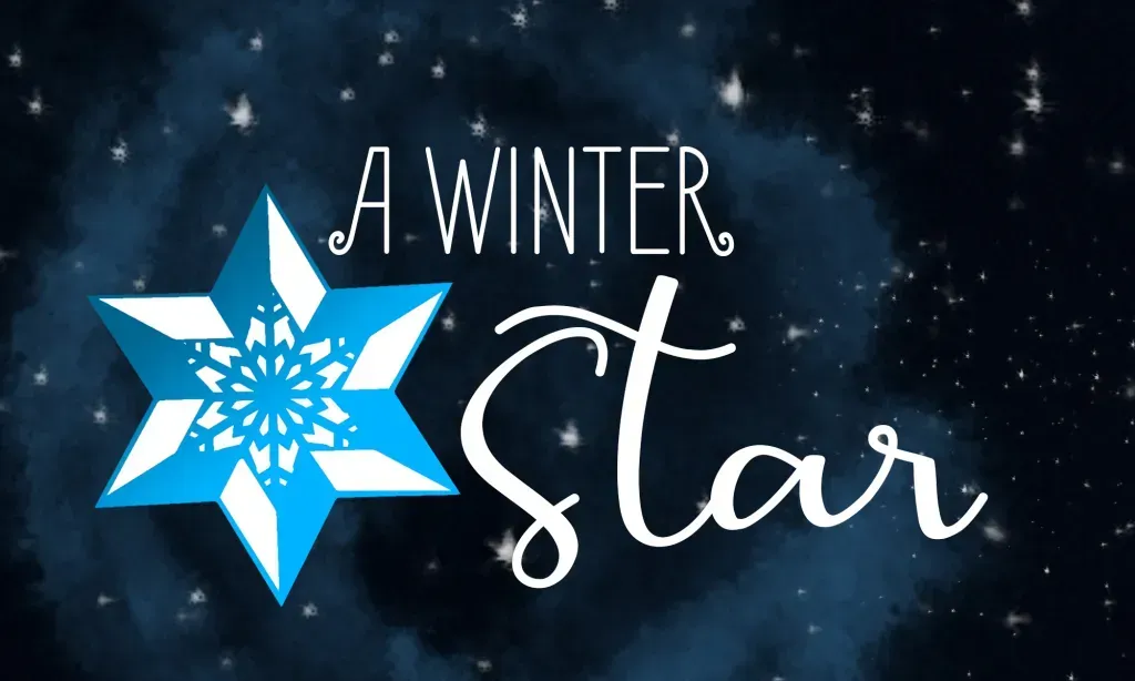 Blue star with snowflake and the text “A Winter Star” on a dark snowy background