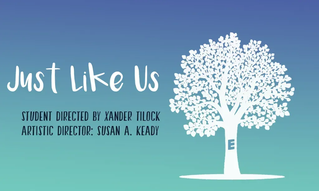 Book cover titled “Just Like Us” on a teal background, with a white tree made of tiny figures and names below.