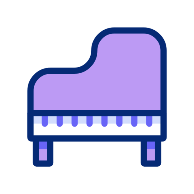 Purple grand piano icon with blue trim and small legs