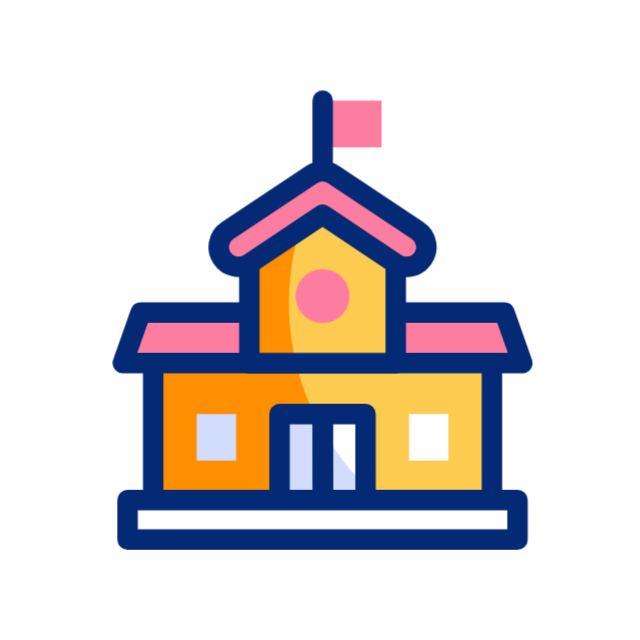 Colorful school building icon with pink roof, orange walls, and a small flag on top