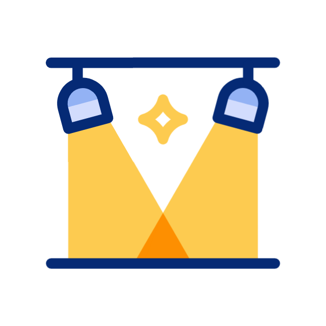 Two blue spotlights shining yellow beams around a small glowing star on a white background