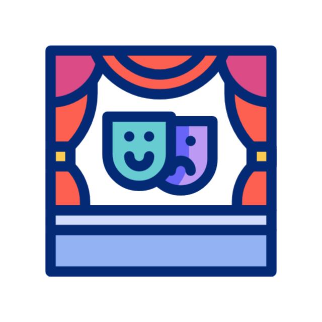 Theater stage with red curtains and comedy-drama masks on a blue backdrop