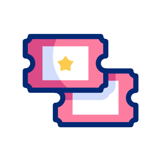 Two pink movie tickets with a yellow star icon and blue outlines