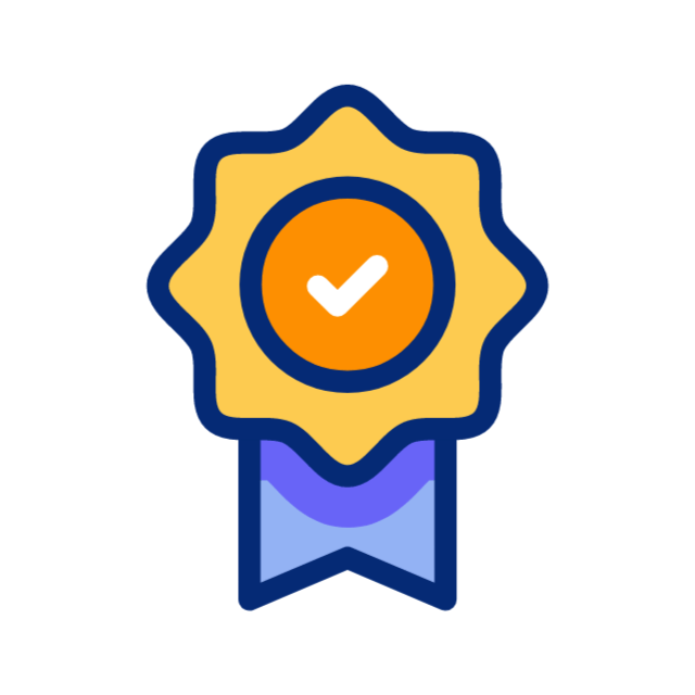 Gold award badge with blue ribbon and white checkmark icon