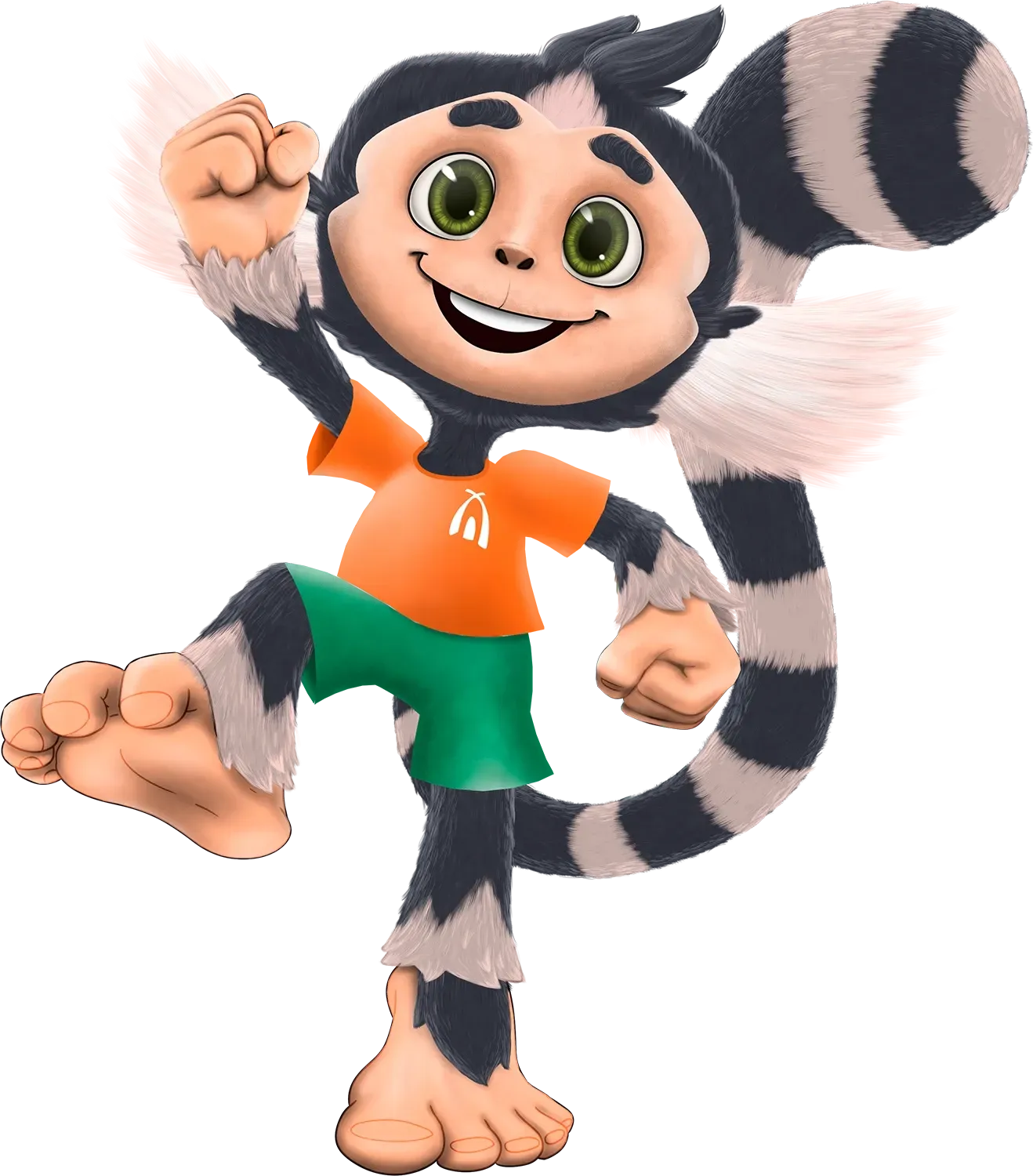 Um macaco de desenho animado está vestindo uma camisa laranja e shorts verdes