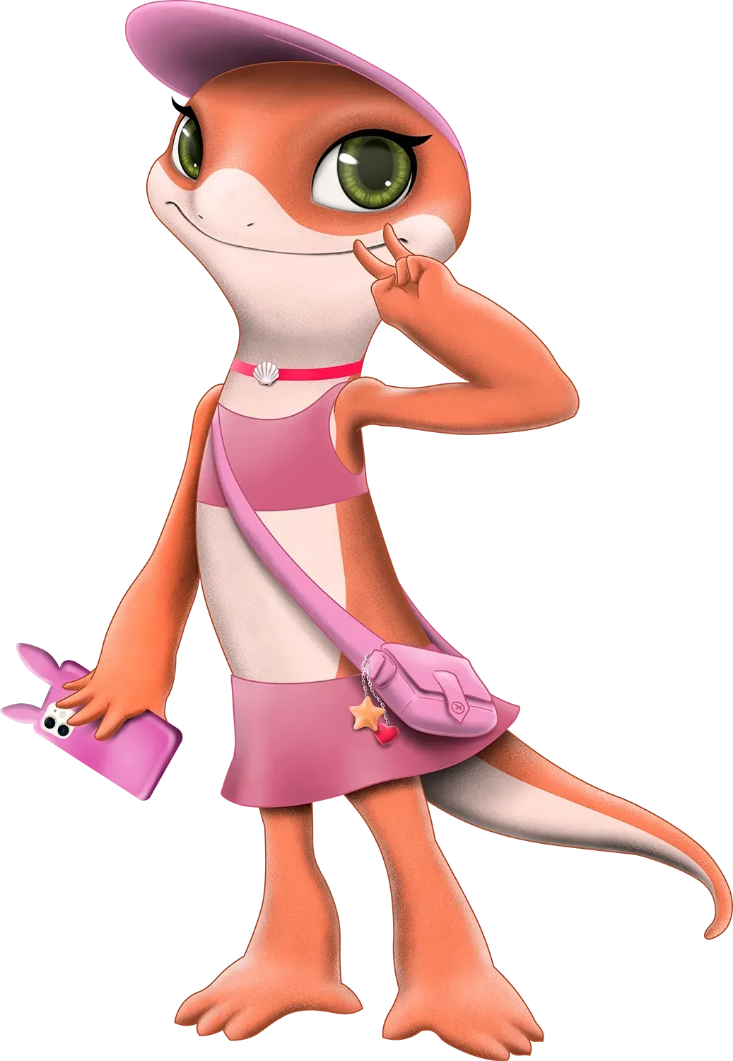 Um lagarto de desenho animado está usando um vestido e chapéu rosa e segurando uma bolsa rosa.