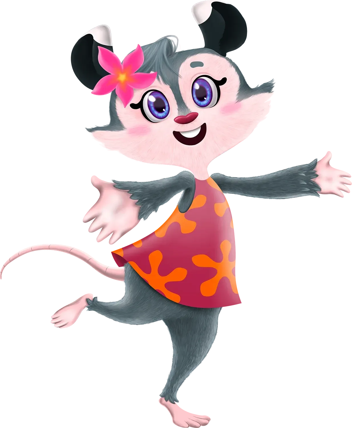 Um gambá de desenho animado está usando um vestido rosa e laranja e uma flor no cabelo.