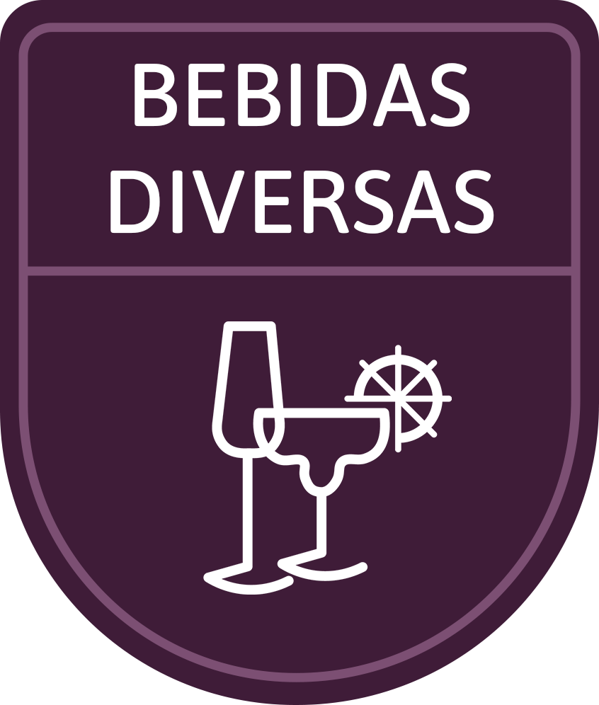 Um escudo roxo com uma taça de vinho e um volante em cima.