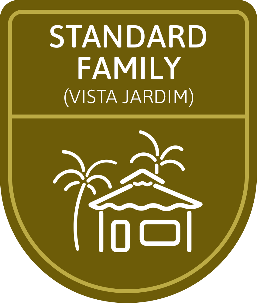 Um distintivo familiar padrão com uma casa e palmeiras.