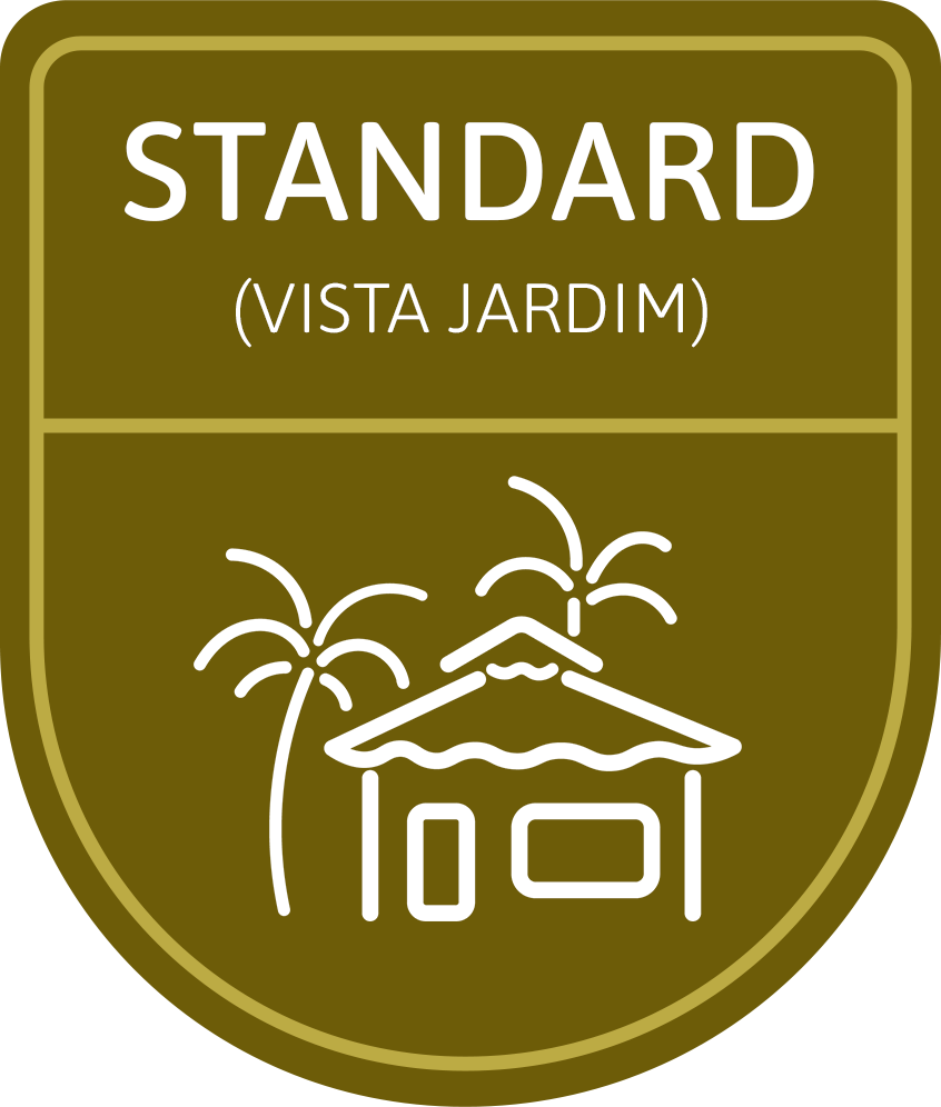 Um escudo com uma casa e palmeiras nele.