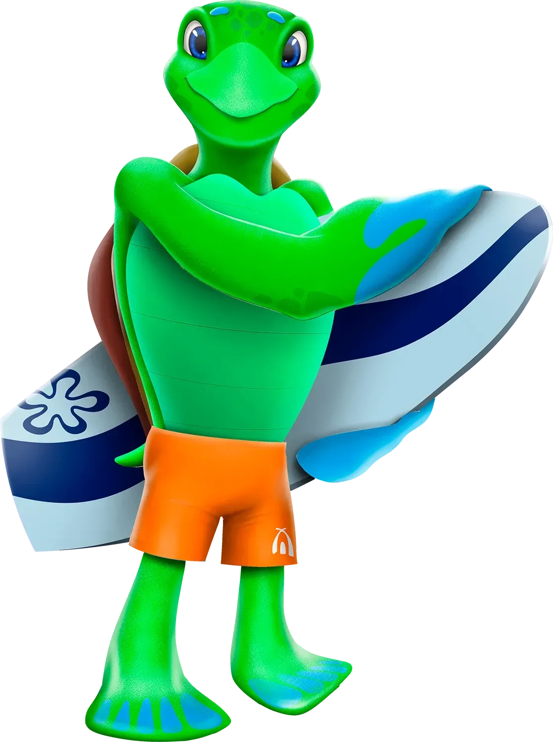 Uma tartaruga verde está segurando uma prancha de surfe com a letra s nela