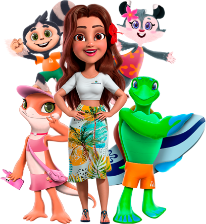 Um grupo de personagens de desenhos animados estão parados um ao lado do outro.