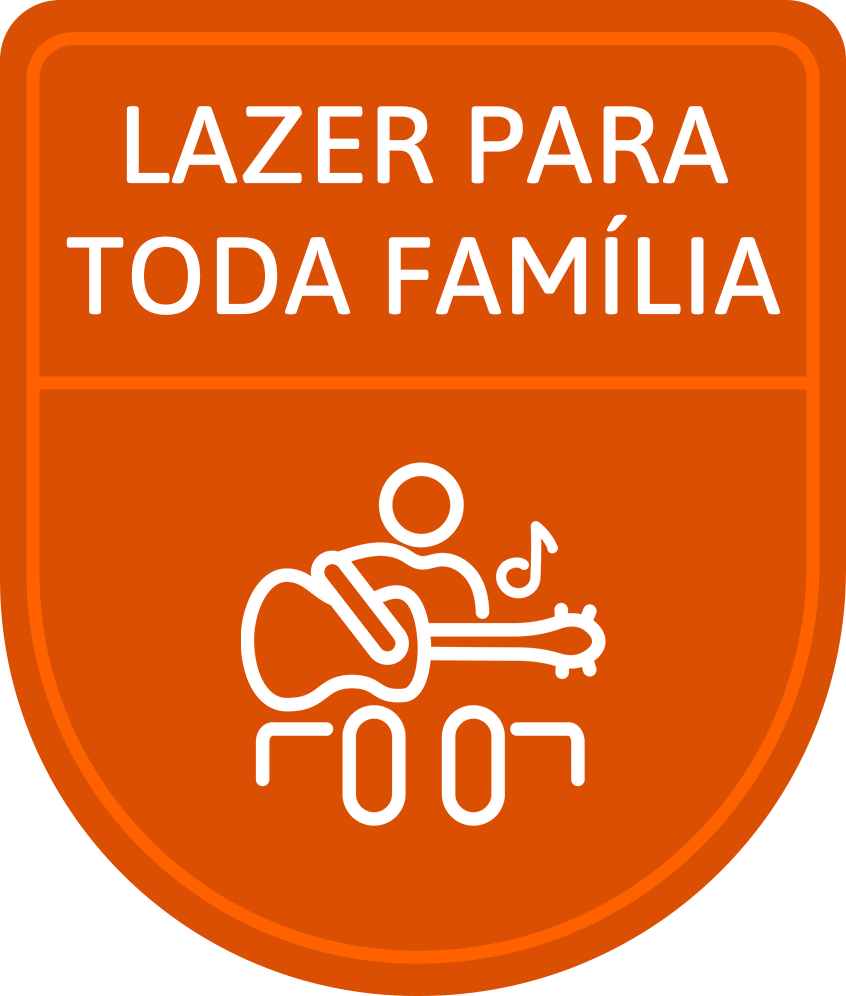 Um emblema laranja que diz lazer para toda familia