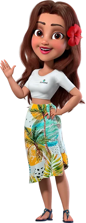 Uma garota de desenho animado com uma flor no cabelo está vestindo uma saia e um top curto.