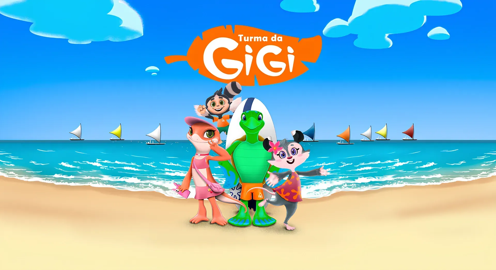 Um grupo de personagens de desenhos animados estão em uma praia.
