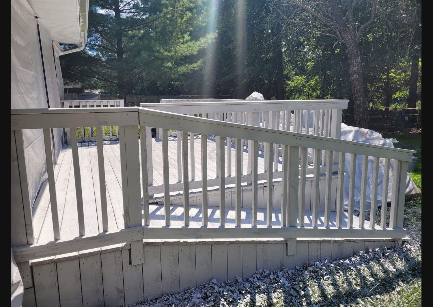 White wooden deck ramp with railings in a sunny wooded yard