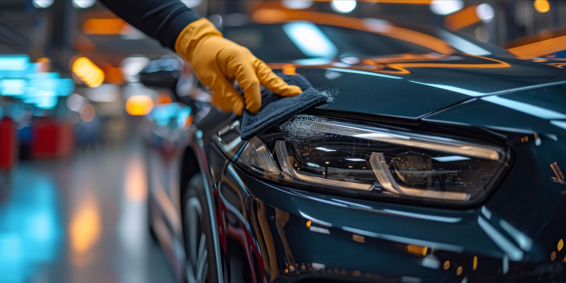 A person is polishing the headlight of a car in a garage.