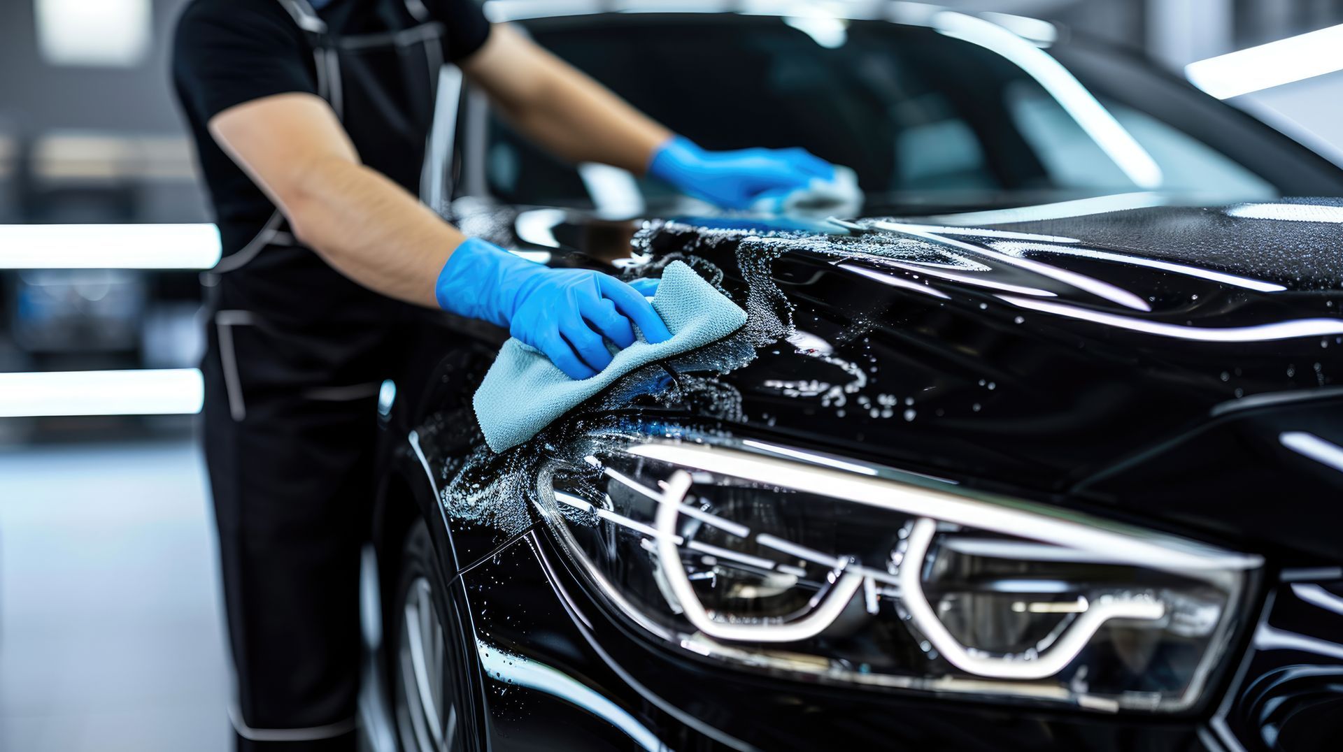 A man is cleaning a black car with a cloth.