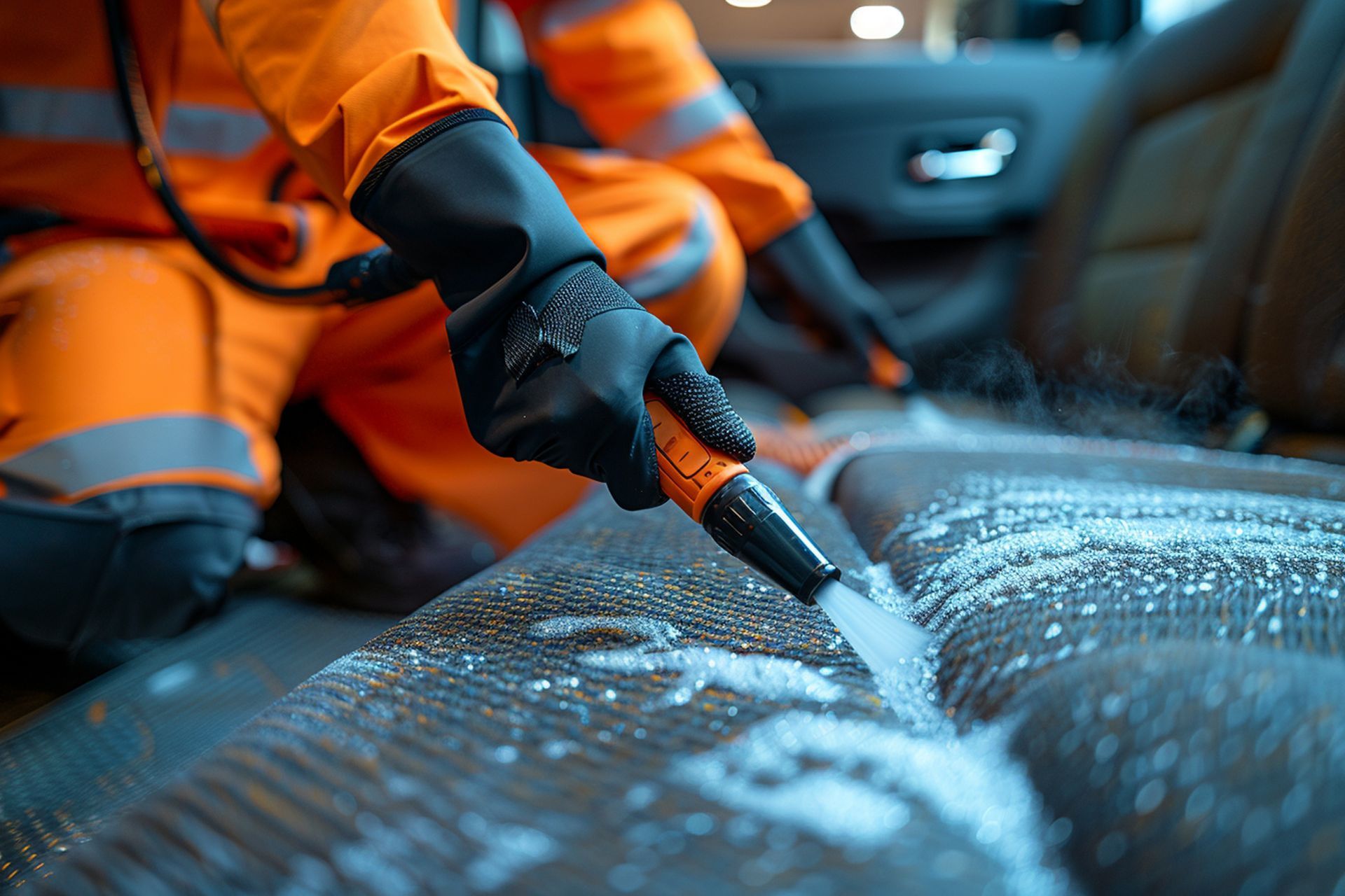 A man is cleaning the seats of a car with a vacuum cleaner.