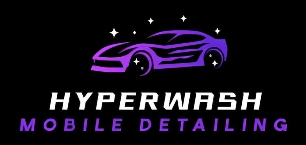 A logo for hyperwash mobile detailing with a purple car on a black background.
