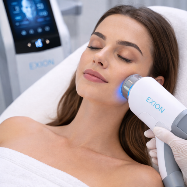 Woman receiving a facial treatment with a handheld EXION device in a clinical setting