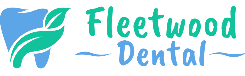 Fleetwood Dental logo with teal and blue tooth and leaf icon and clinic name