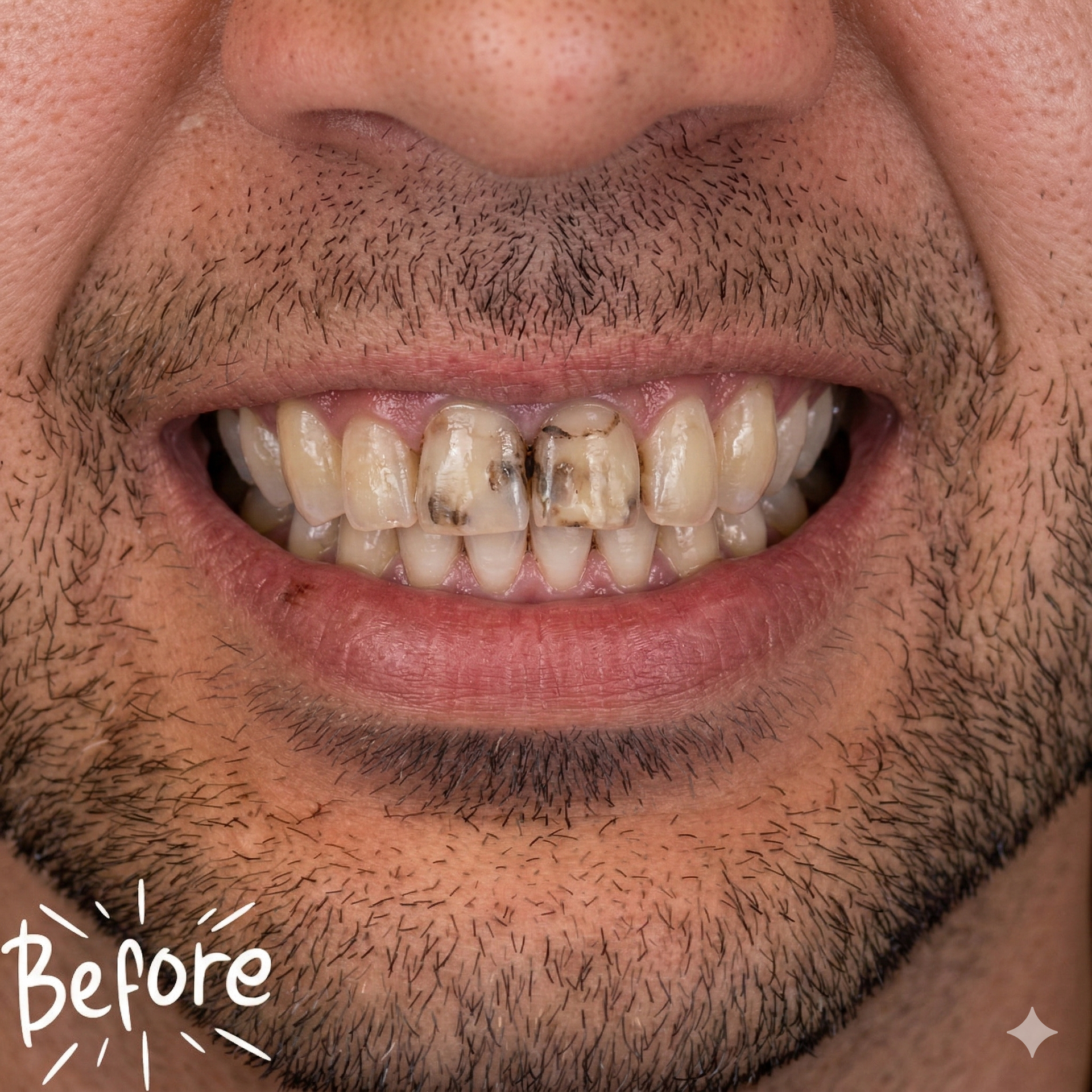 A close up of a man 's mouth with missing teeth.