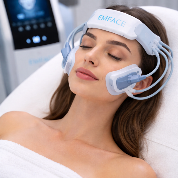 Woman lying on a spa bed during a facial treatment with a blue-lit device and headband