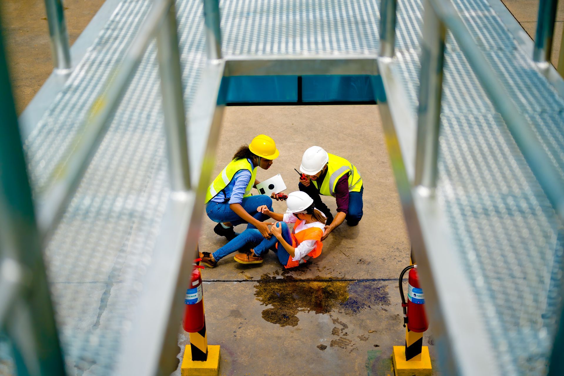 A group of construction workers are helping a man who has fallen on the ground.