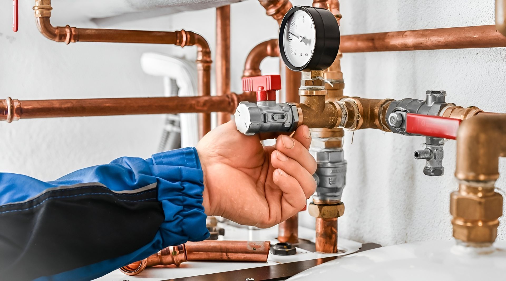 Plumber Adjusting a Valve on Copper Pipes and Pressure Gauge — New Gen Plumbing and Gas in Murwillumbah, NSW