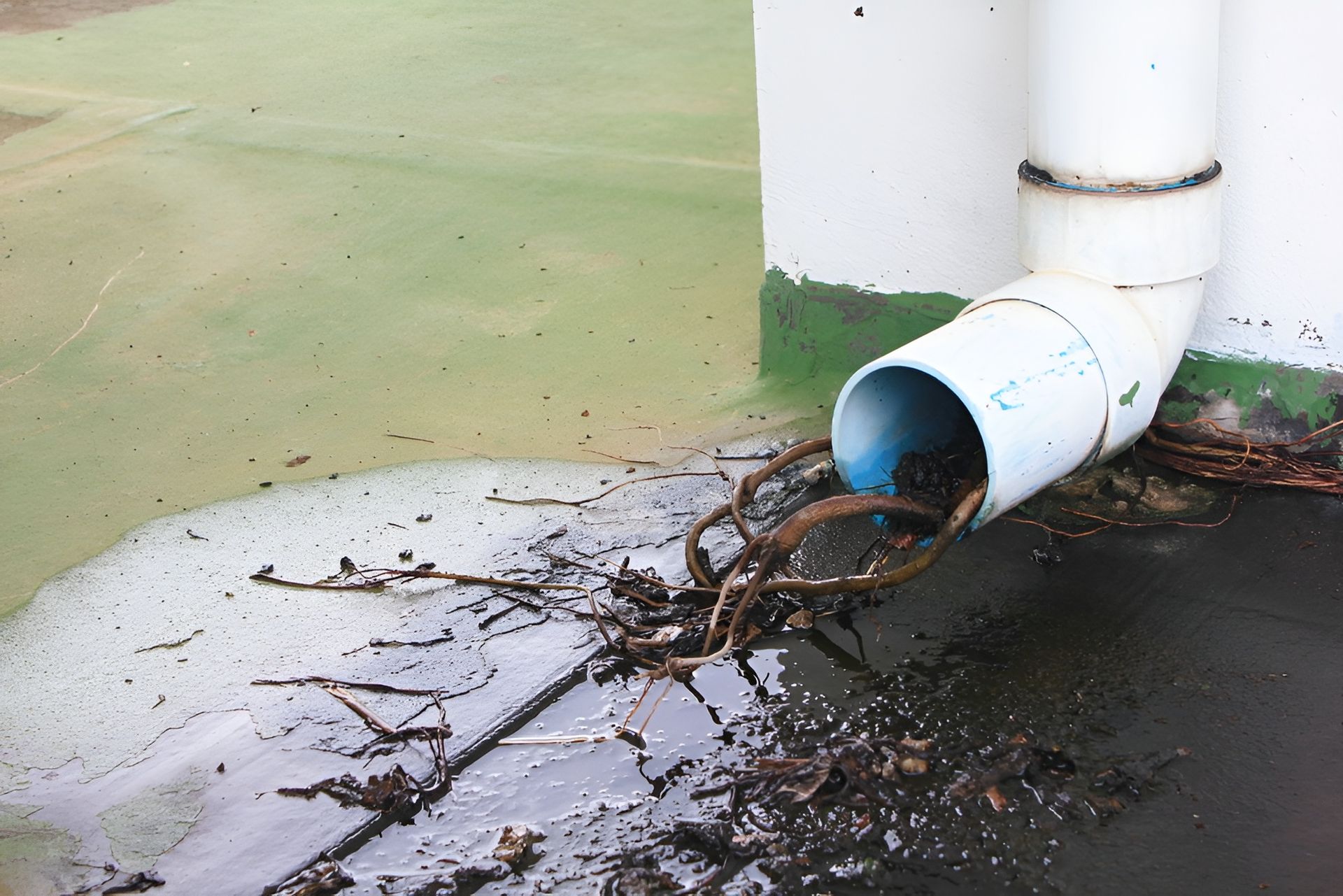 White Drainage Pipe Spilling Muddy Water and Debris — New Gen Plumbing and Gas in Banora Point, NSW
