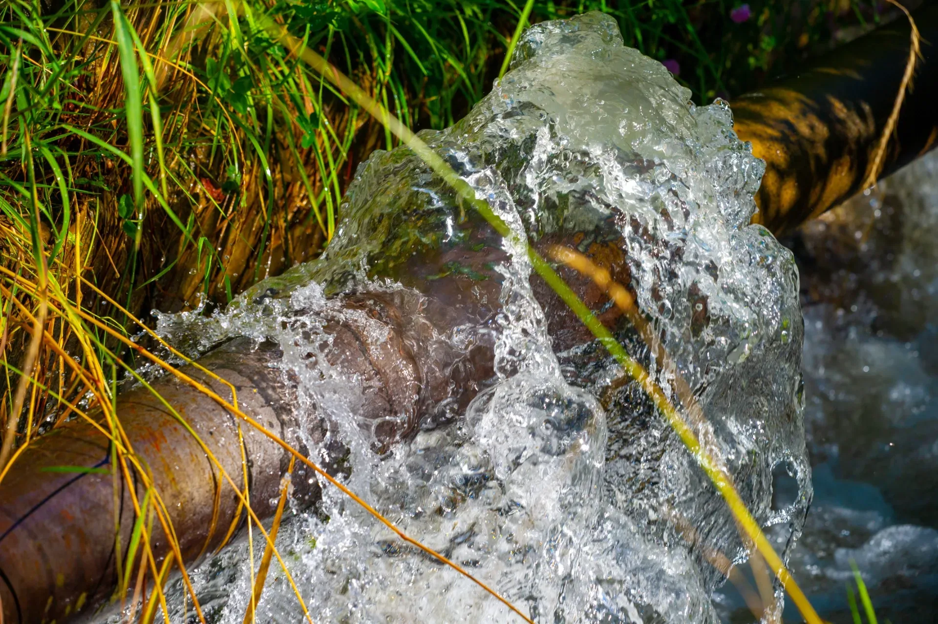 Water gushing from a pipe into a grassy stream, splashing over rocks and grass. — New Gen Plumbing and Gas in Banora Point, NSW