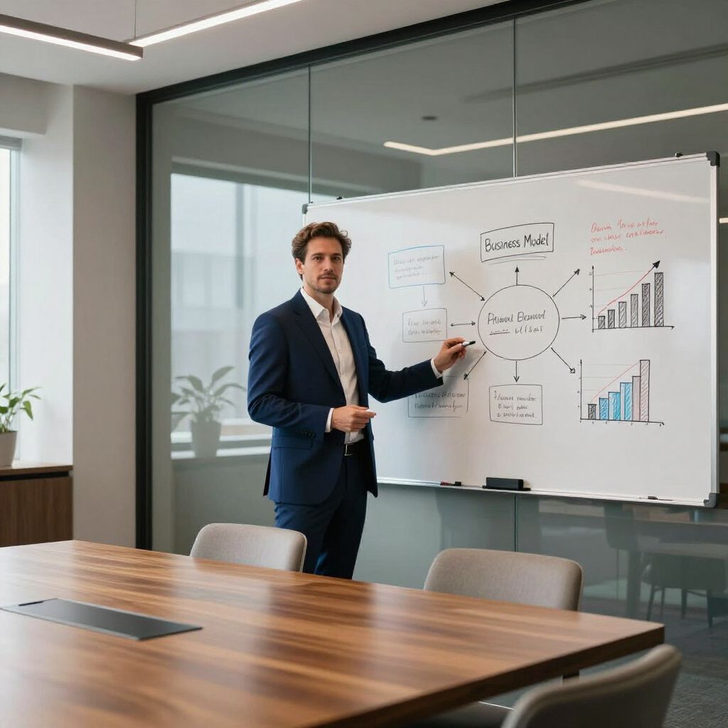 Een zakenman in pak wijst naar een whiteboard met diagrammen in een vergaderruimte op kantoor.