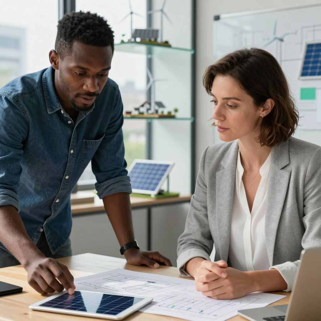 Een man en een vrouw bekijken plannen, terwijl ze naar een tablet en papieren kijken in een modern kantoor met zonnepanelen.