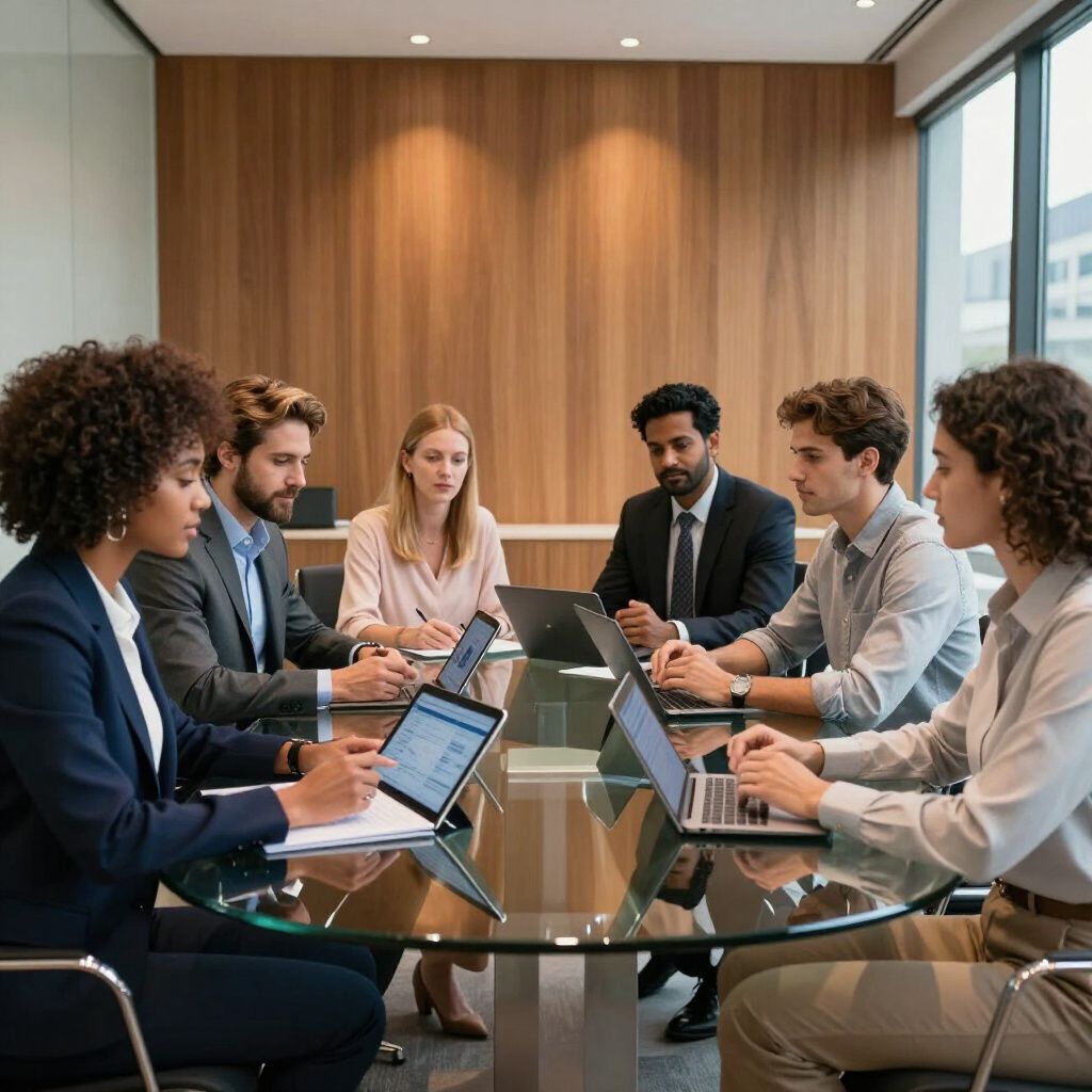 Een zakelijk team vergadert rond een glazen tafel in een modern kantoor en maakt gebruik van laptops en tablets.