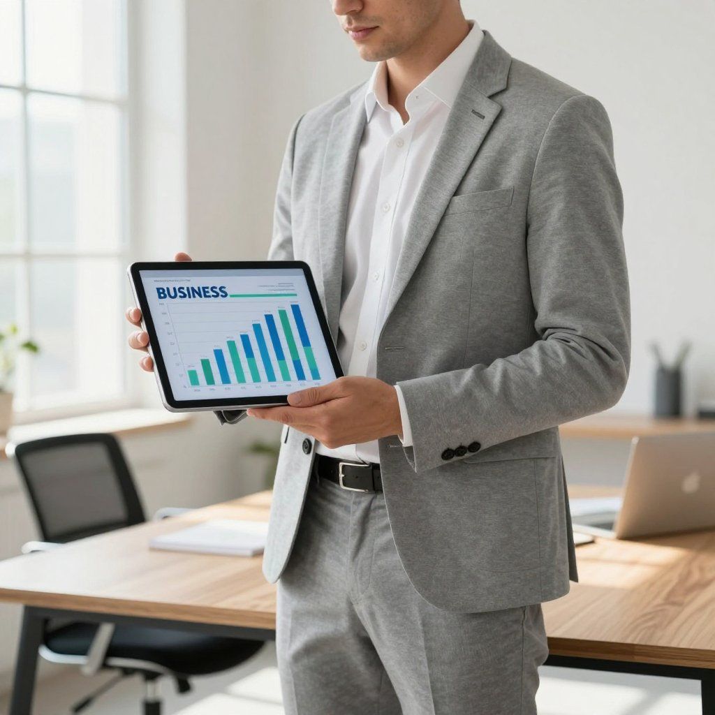 Man in grijs pak met tablet waarop een zakelijke grafiek wordt weergegeven, kantooromgeving.