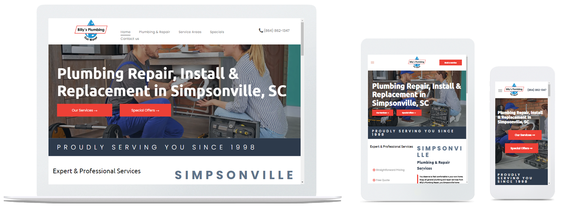 A laptop , cell phone , and tablet showing a plumbing repair website.