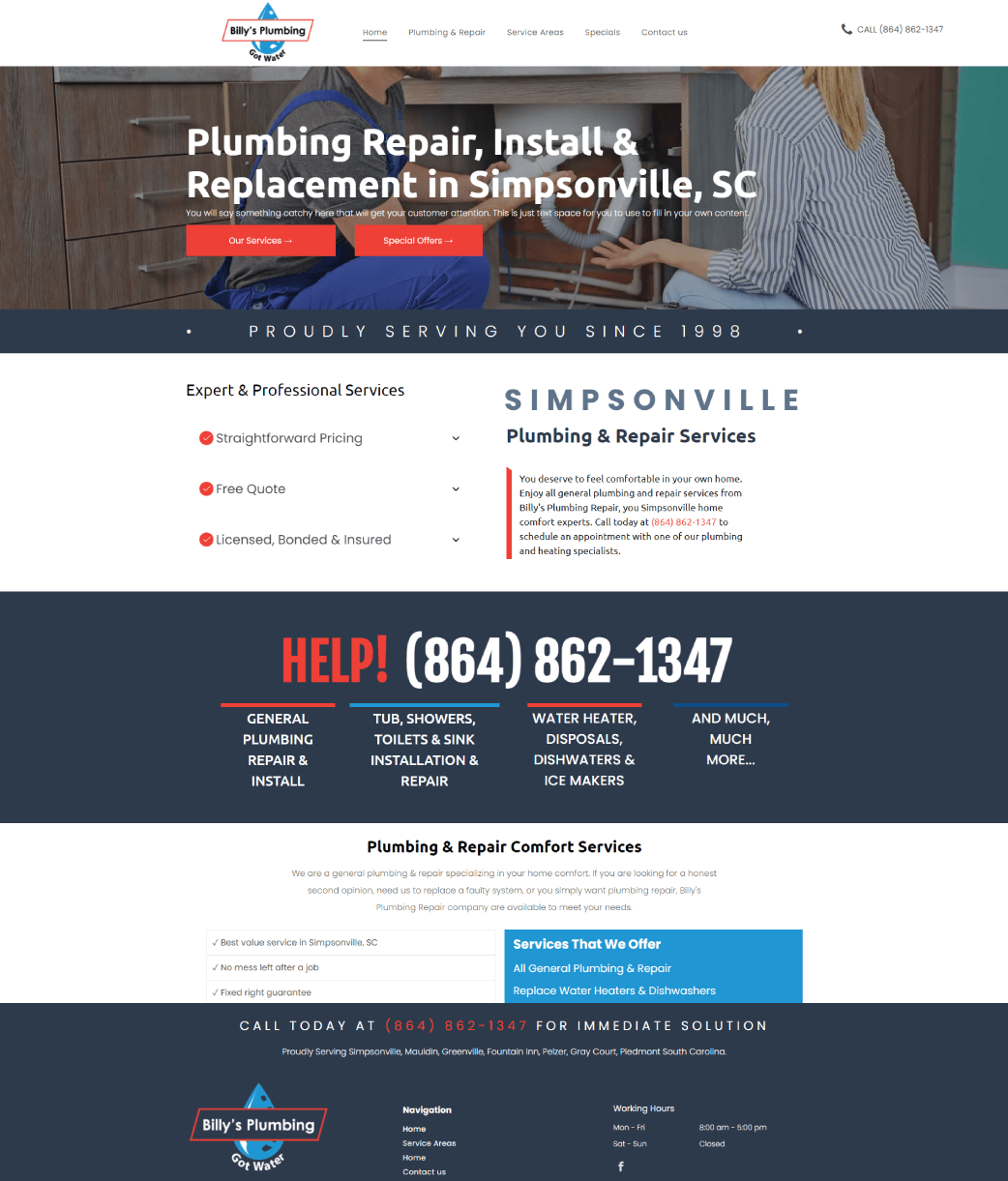 A screenshot of a website for plumbing repair , install and replacement in simpsonville , sc.